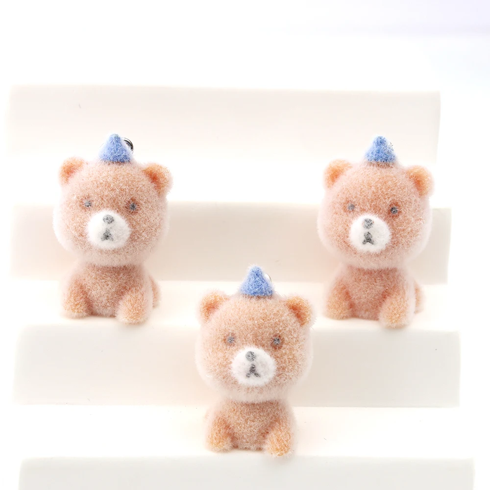 30pcs 3D Flocking Resin Bear Charms Animal Cartoon Pendant for Necklaces Earrings Keychain DIY Jewelry Accessories Wholesale
