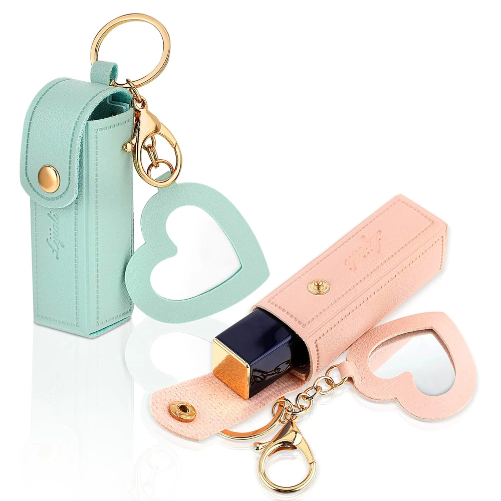 Portátil couro do plutônio batom titular chaveiro com espelho em forma de coração para mulheres meninas bolsa encantos acessório presente criativo