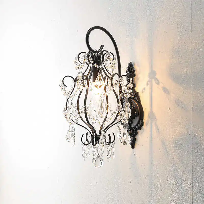 

American retro crystal wall lamp French black bedroom bedside lamp light luxury corridor aisle living room background wall wall
