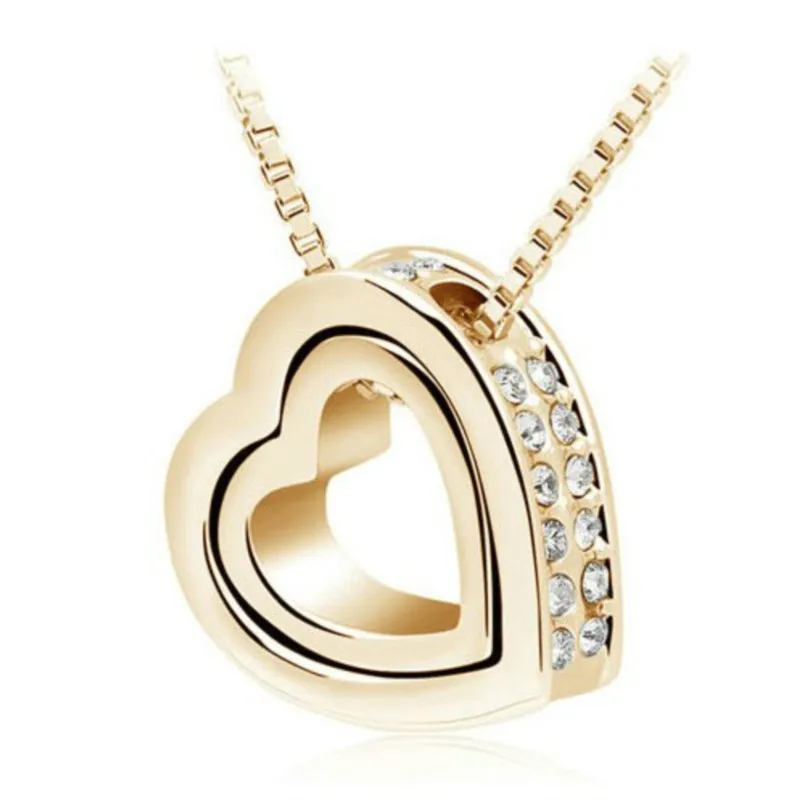 Float double Heart Pendant sweater chain Necklace quality crystal shine rhinestone charm birthday gift girls wed fashion jewelry