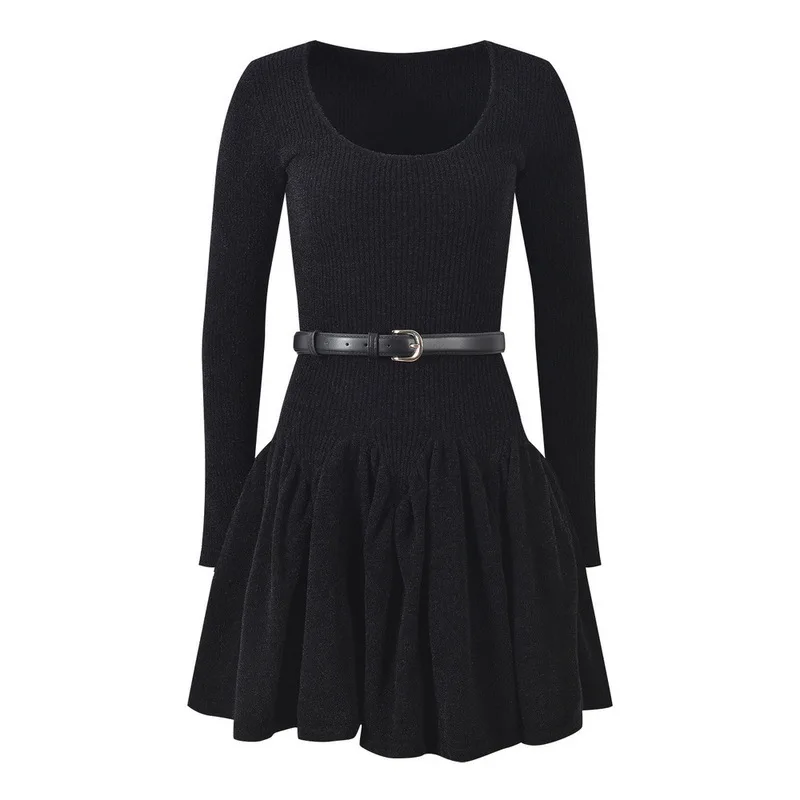 CHUJIE 2025 خريف تصميم جديد مضلع الرقبة المستديرة الخصر Cinching مربوط المرقعة محبوك المخملية قاعدة فستان #2