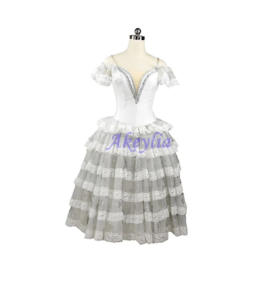 

Silver Gray White Romantic Ballet Tutu Dress spanish style 6 layer Girl Ballet Long Costume Adult Performance Women competition