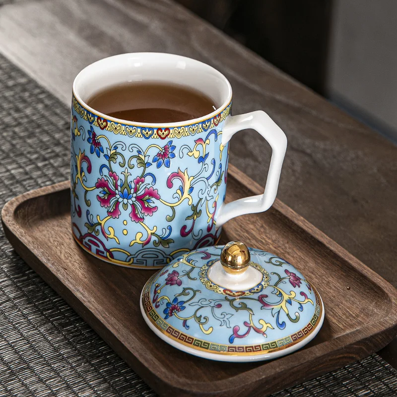 Luxury Porcelain Tea Cup Enamel Vine Flower 450ml Sky Blue Chinese Jingdezhen Ceramics Coffee Mug Golden Teacup Loose Leaf Tea