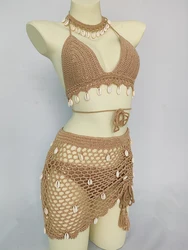 Kobieta Bikini Set szydełka Shell Tassel seksowny Top stringi dolna część przezroczysty drążą bandaż wysokiej talii krótka spódnica na plażę