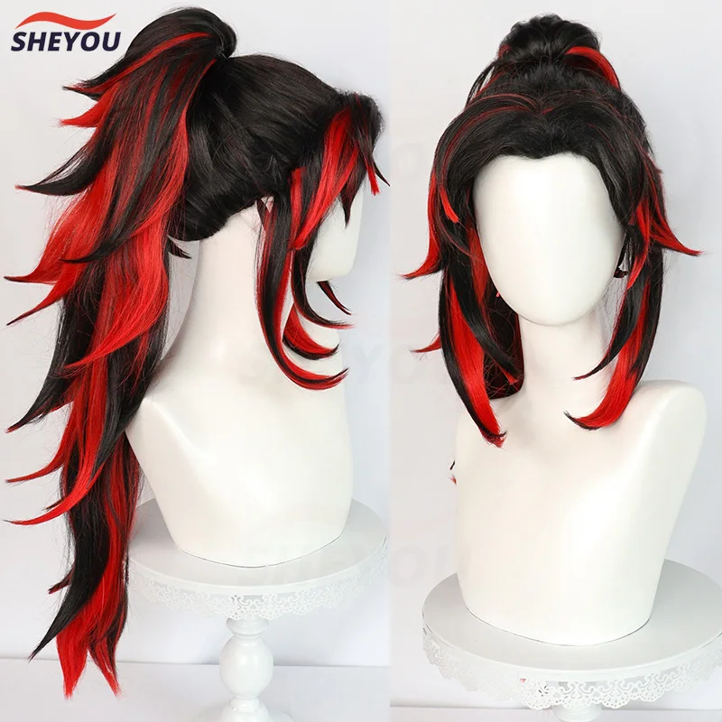 Tsugikuni Yoriichi Cosplay Pruik Anime Lang Zwart En Rood Met Paardenstaart Hittebestendig Synthetisch Haar Anime Cosplay Pruiken + Pruik Cap