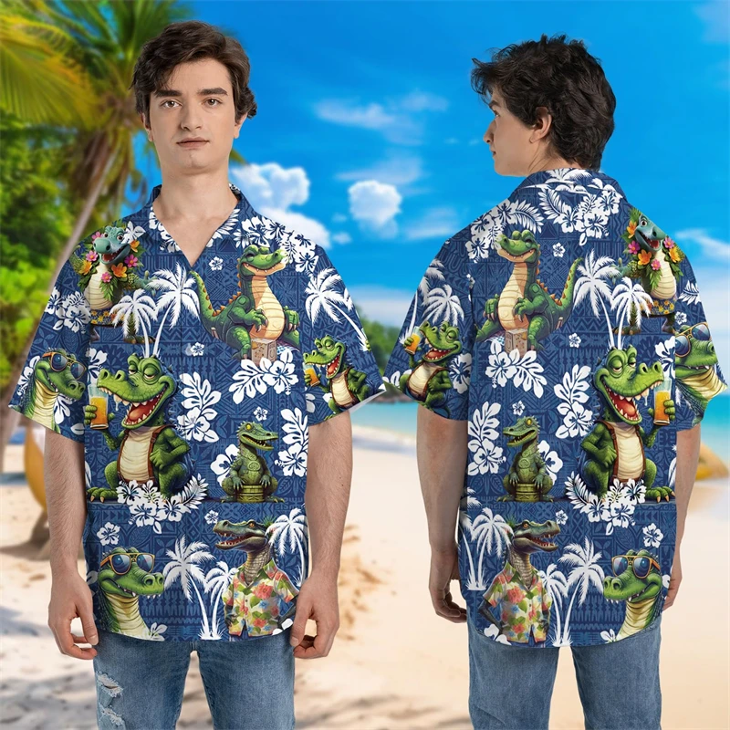 Harajuku Mode Krokodil Grafisch Strandshirt Hawaiiaanse Dierenoverhemden Voor Mannen Cartoon Alligator Liefhebbers Knoop Tops Y 2K Blouses