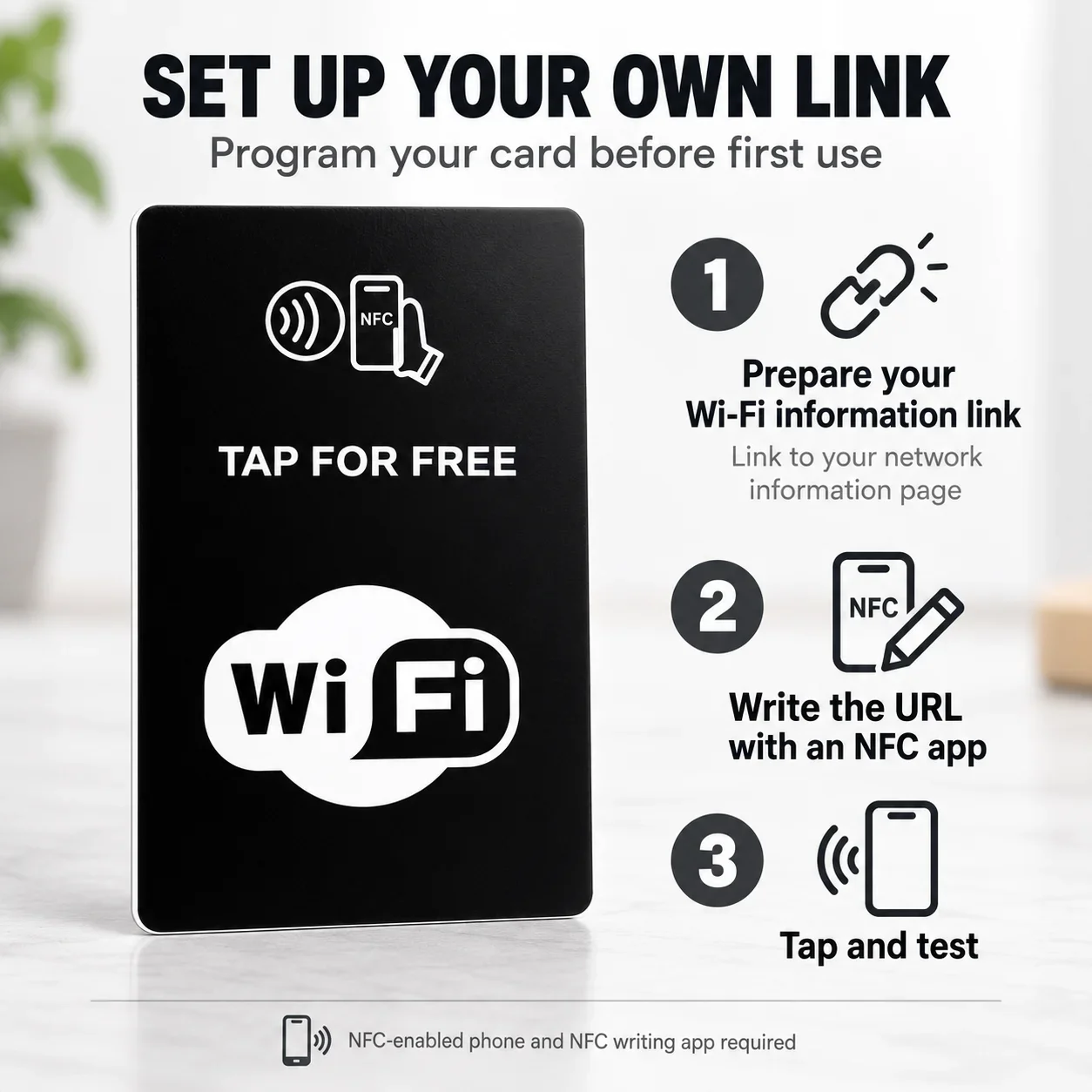 NFC WiFi Information Card NTAG215 Rewritable Black PVC Share Guest Network Details for Cafes Hotels and Guest Houses
