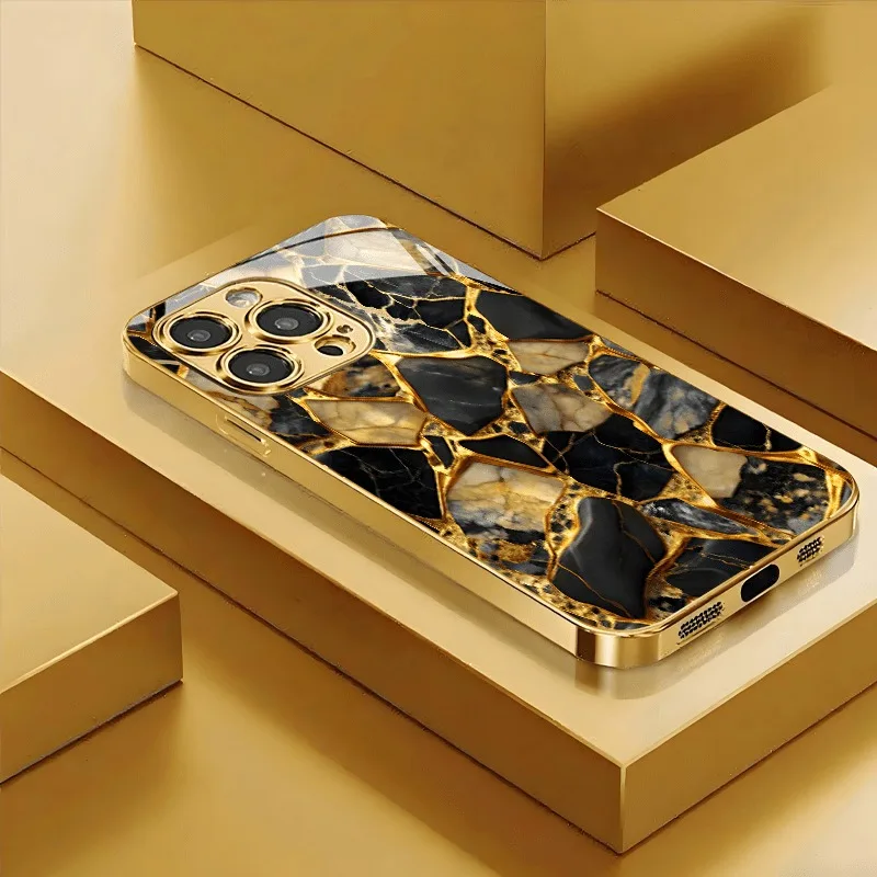 

Black Gold Marble Gold Metallic Paint Glass Phone Case For iPhone 17 16 15 Pro Max 14 13 12 11 Pro 15 14 Plus 17 Air 16E Cover
