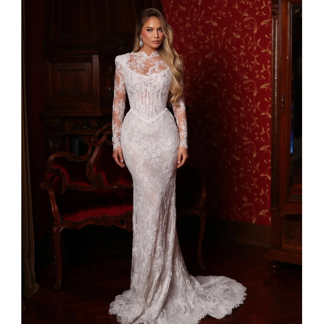 

Свадебные платья Русалка Арабское кружево с длинным рукавом Vestido de Novia Иллюзионный корсет Второе приемное платье по индивидуальному заказу Robe De Soirée