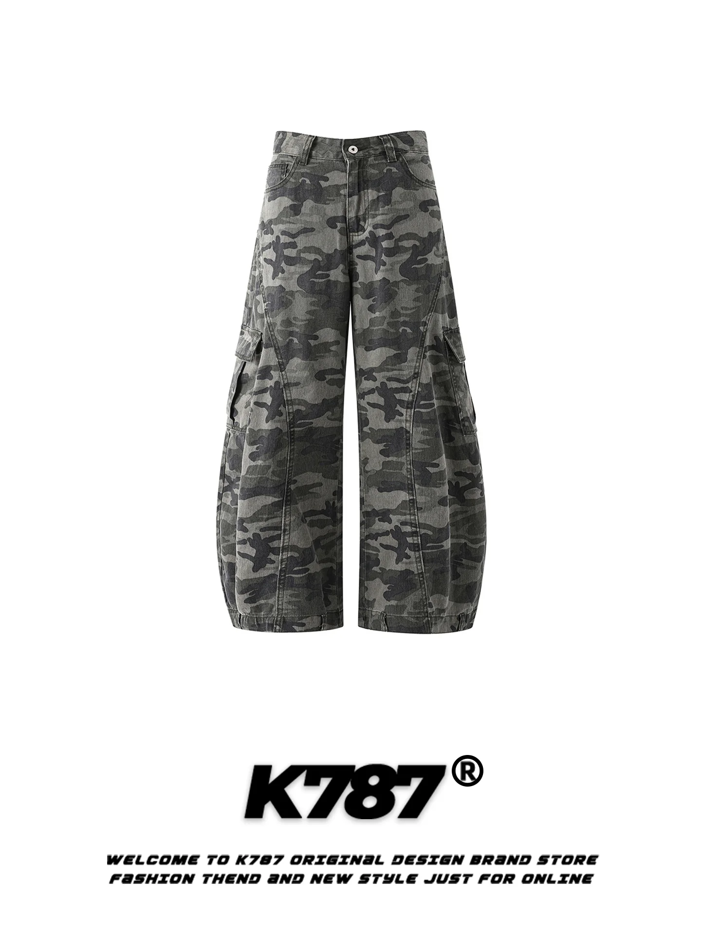 

Мужские брюки K787 в американском ретро-стиле, камуфляжные, деконструированные, с множеством карманов, свободные, повседневные, модные, брендовые, широкие, в пол, L