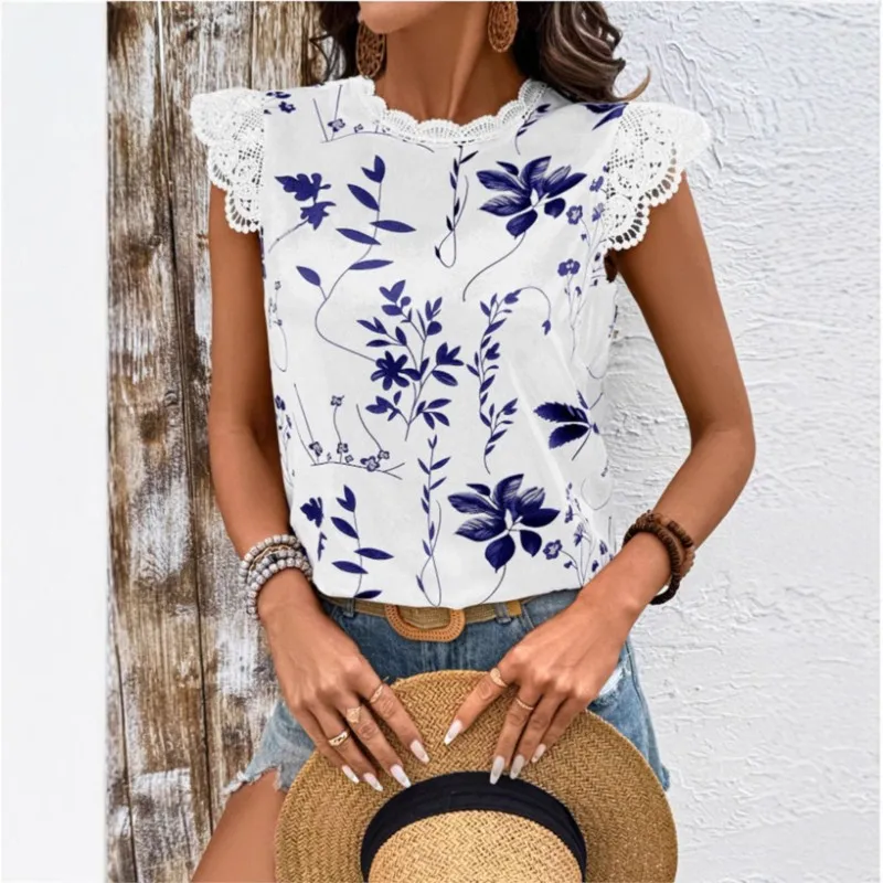 

Printed Lotus Leaf Chiffon Short Sleeved Pullover Shirt Lace Patchwork Leaf Print Sleeveless Vacation Beach Summer Blouse Blusas