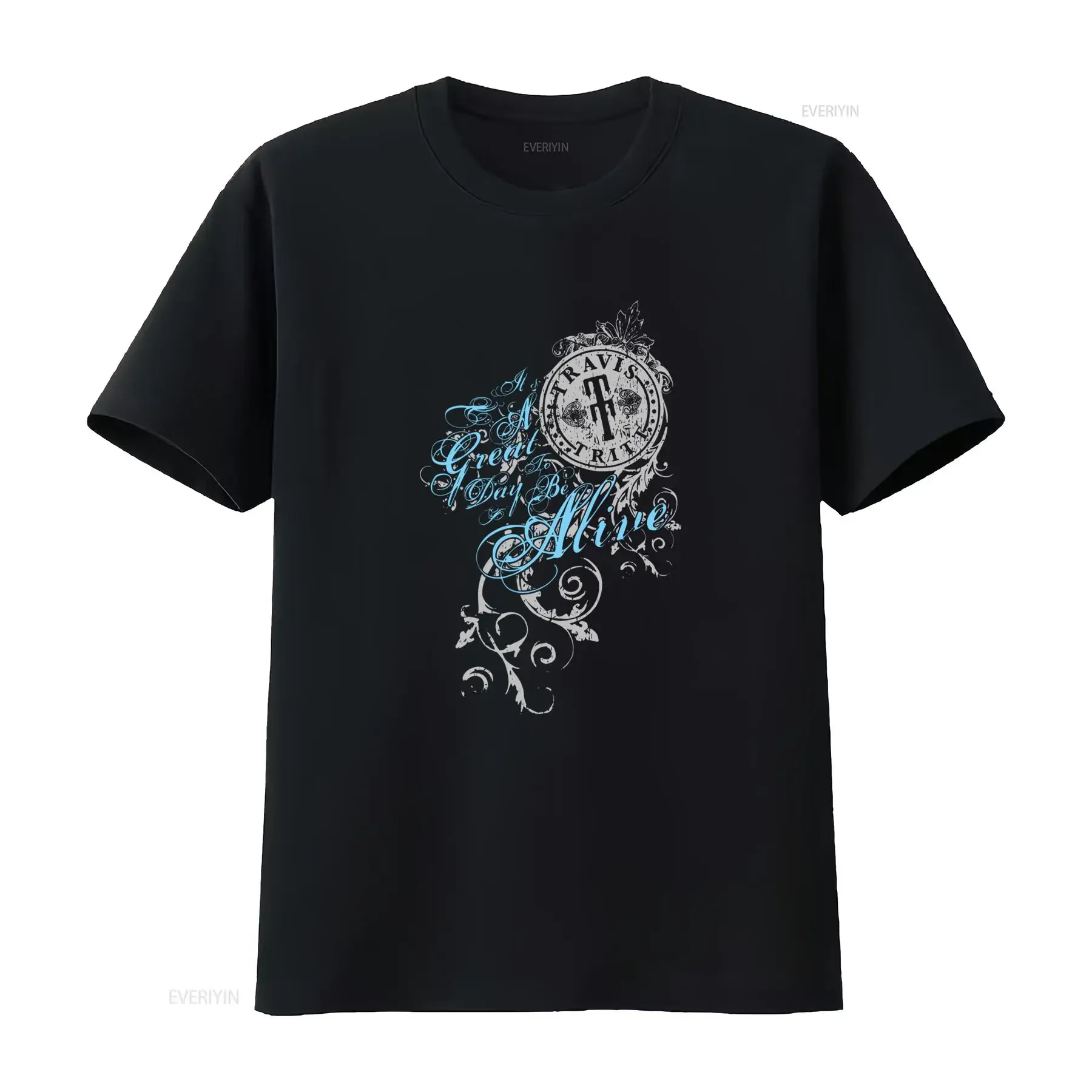T-shirt décontracté vintage avec imprimé slogan « Great Day To Be Alive » et motif floral de montre de poche gothique, style streetwear délavé
