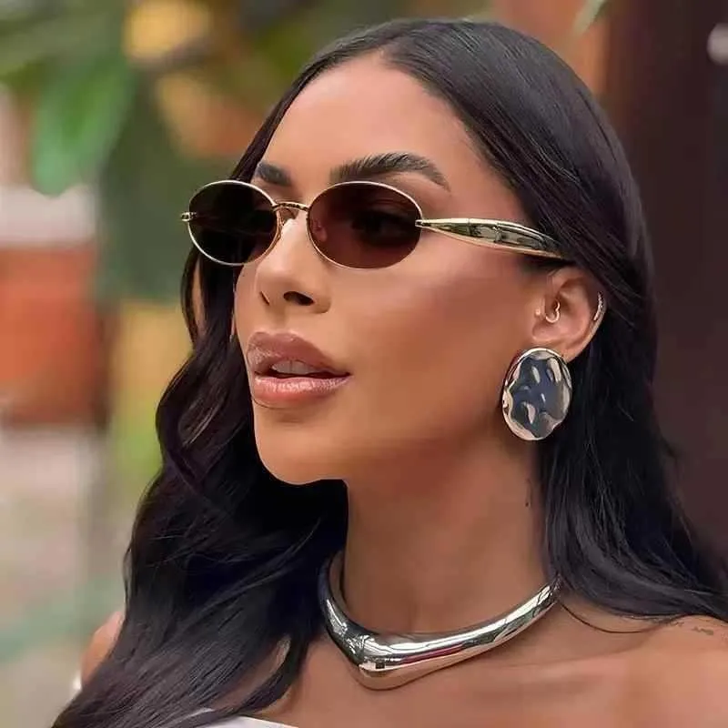 Ovale Sonnenbrille mit kleinem Rahmen für Damen und Herren, Y2K Vintage Sonnenbrille, Luxusmarke, UV400, Punk, beliebte Metallbrille