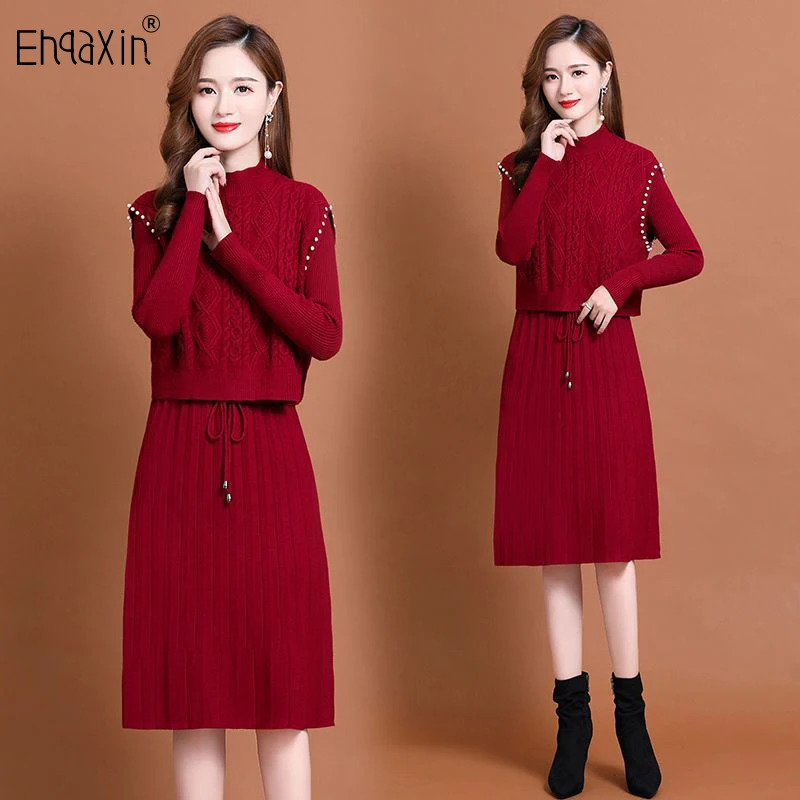 

EHQAXIN Autumn Winter Womens Knitted Dress Set Fashion 2023 New Beaded Pullover Vest+Casual Sweater Lace-Up Knit Dress Set S-2XL