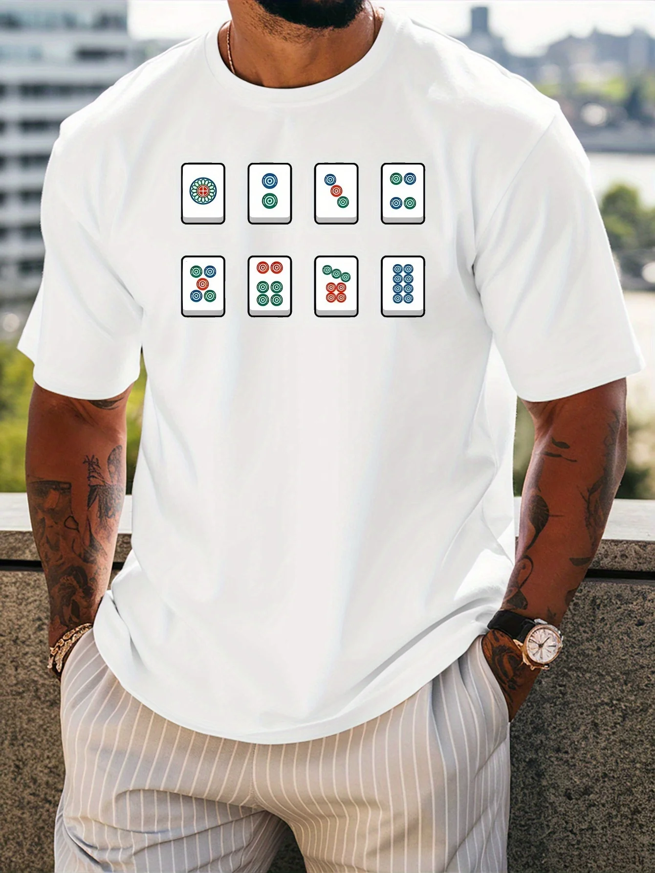 Mens Crew Neck T Shirt Chinese Mahjong Circle Tiles Cartoon Graphic Short Sleeve Casual Cotton Board Game Lover Streetwear Tees