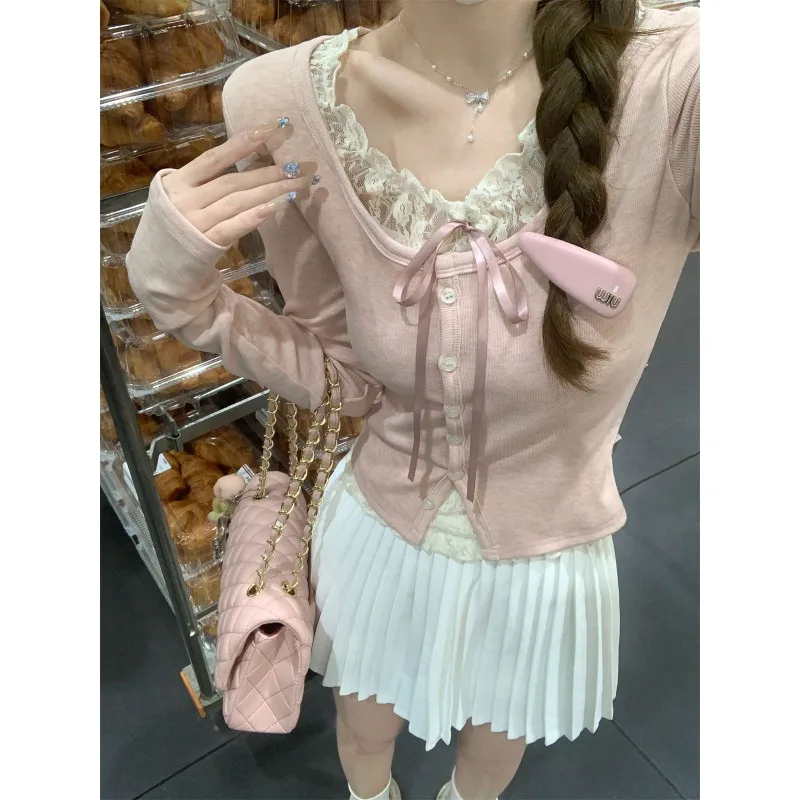 T-shirt deux pièces à manches longues pour femmes, épissure de dentelle, faux haut à simple boutonnage, Style coréen, pur désir, automne