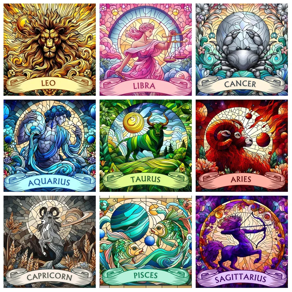 

DIY 5D Diamond Painting Constellation Embroidery Cartoon Animal Full Round Drill Mosaic Leo Aries Wall Decor