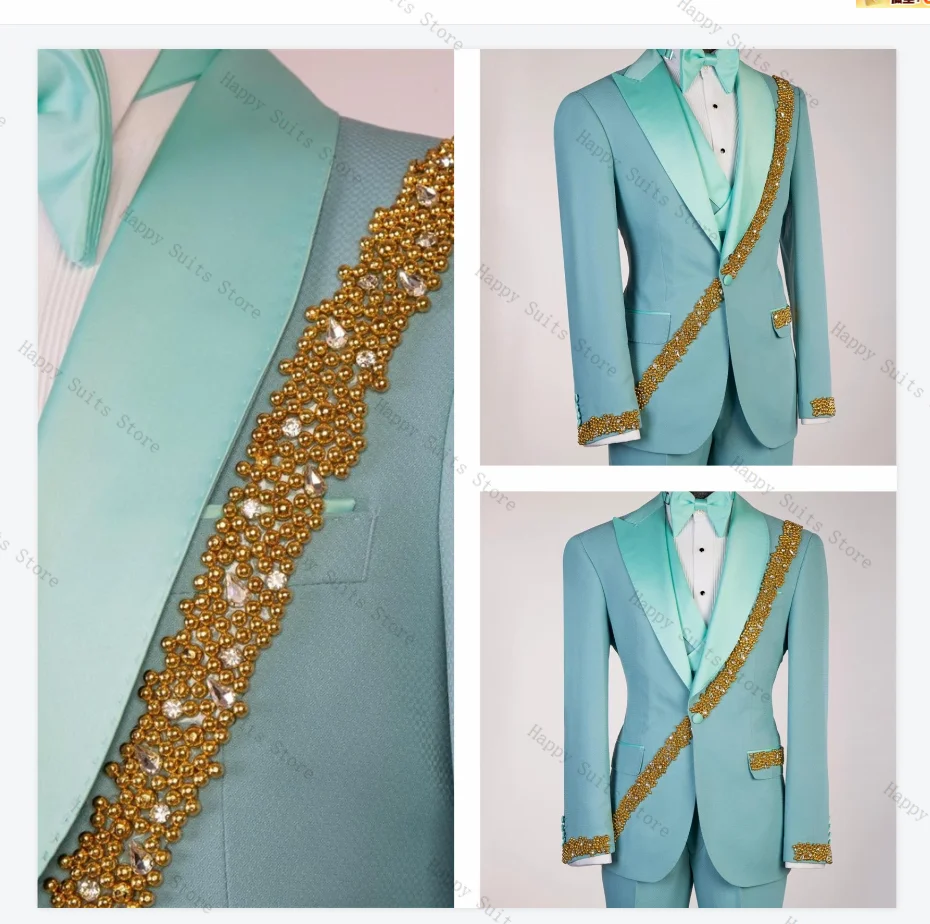 

Light Blue Men Suit Set 2 Piece Blazer+Pants Gold Crystals Luxury Wedding Tuxedo Formal Office Business Customized Jacket