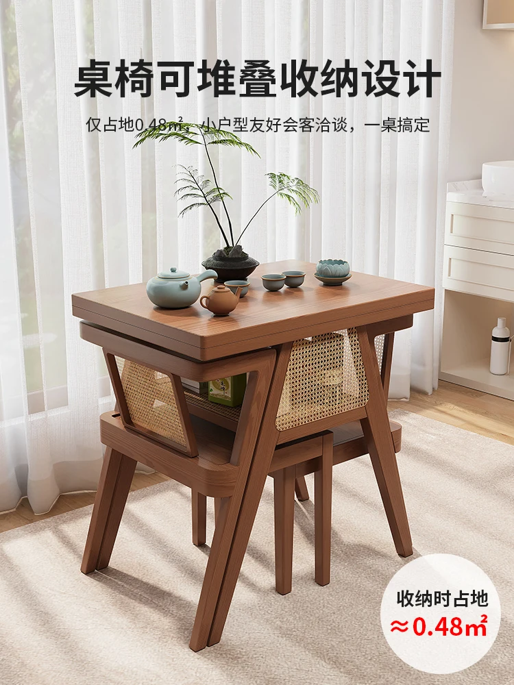 Balcony tea table and chair combination three-piece set of solid wood rattan chairs, one table and two chairs, leisure reading,