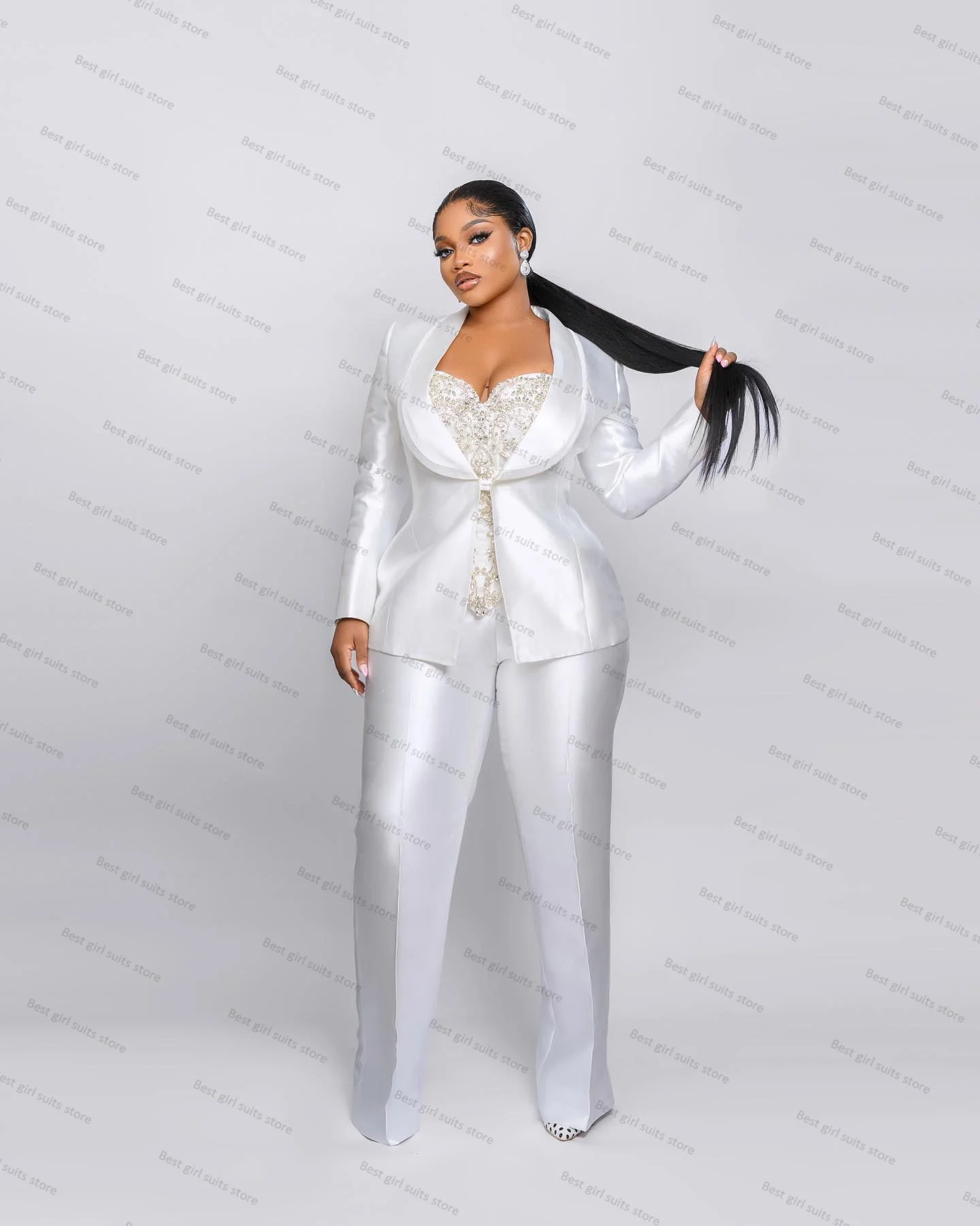 Ensemble blazer et pantalon en satin blanc pour femme, veste sexy à col en V, tenue de Rhformelle, robe sur mesure, mode fille chaude, manteau imbibé, 2 pièces