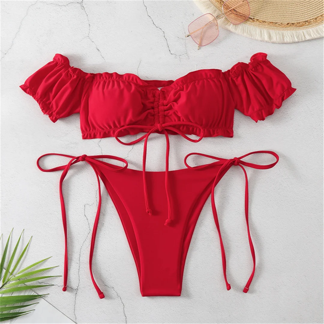Schulterfreier, hoch geschnittener Bikini mit Scrunch-Effekt am Po, Damen-Badeanzug, zweiteiliges Bikini-Set, Badebekleidung, Badeanzug, Schwimmbikini V6126 – Detail 10