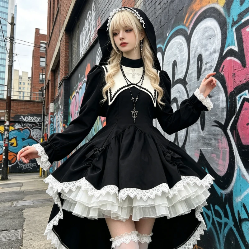 

Dark Sweet Cool Cross Embroidered Lolita | Halloween Christmas COS Performance Dress Subcultural Gothic Style Swallowtail Dress