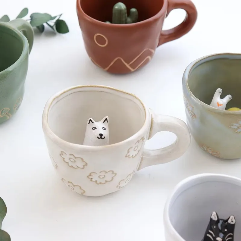 3D Cat Ceramic Mug with Animal Inside, Dog Figurine, Coffee Cup, Tea Milk Cups, Funny Cartoon Animal, Unique Birthday Gift