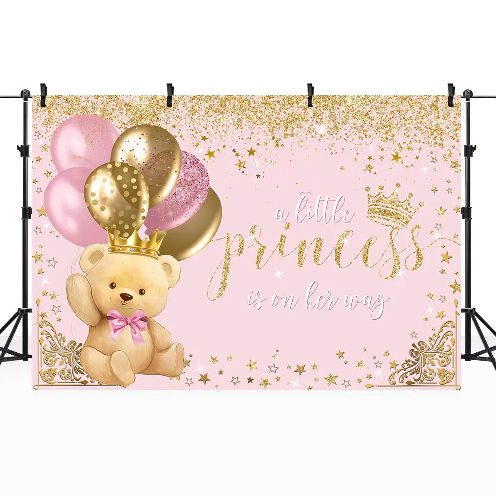 Mocsicka Baby Shower Backdrop Royal Princess Little Bear Crown Pink Girl Welcome Party Background Decor Custom Banner Photoshoot