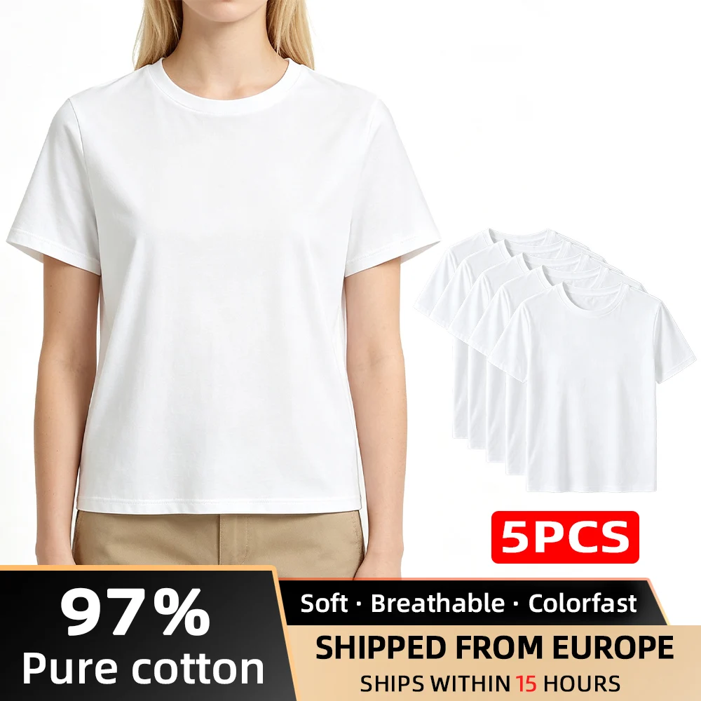 Confezione 5 T-shirt donna, maglietta tinta unita manica corta girocollo, 97% cotone morbido traspirante, tessuto resistente anti-pilling e anti-scolorimento, T-shirt casual quotidiana donna