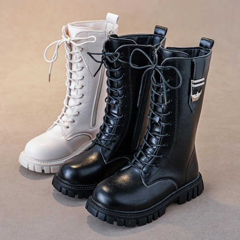 Autumn Girls Fashion Causal Boots Winter Classic Round Toe Warm Kids PU Leather Chunky Heel Boots Luxury Childrens Midsole Shoes