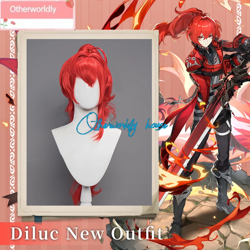 Genshin Impact Diluc Cosplay Wig Darknight Hero Pyro New Skin Mondstadt New Outfit Hair Red Long Hair with 75cm Ponytail