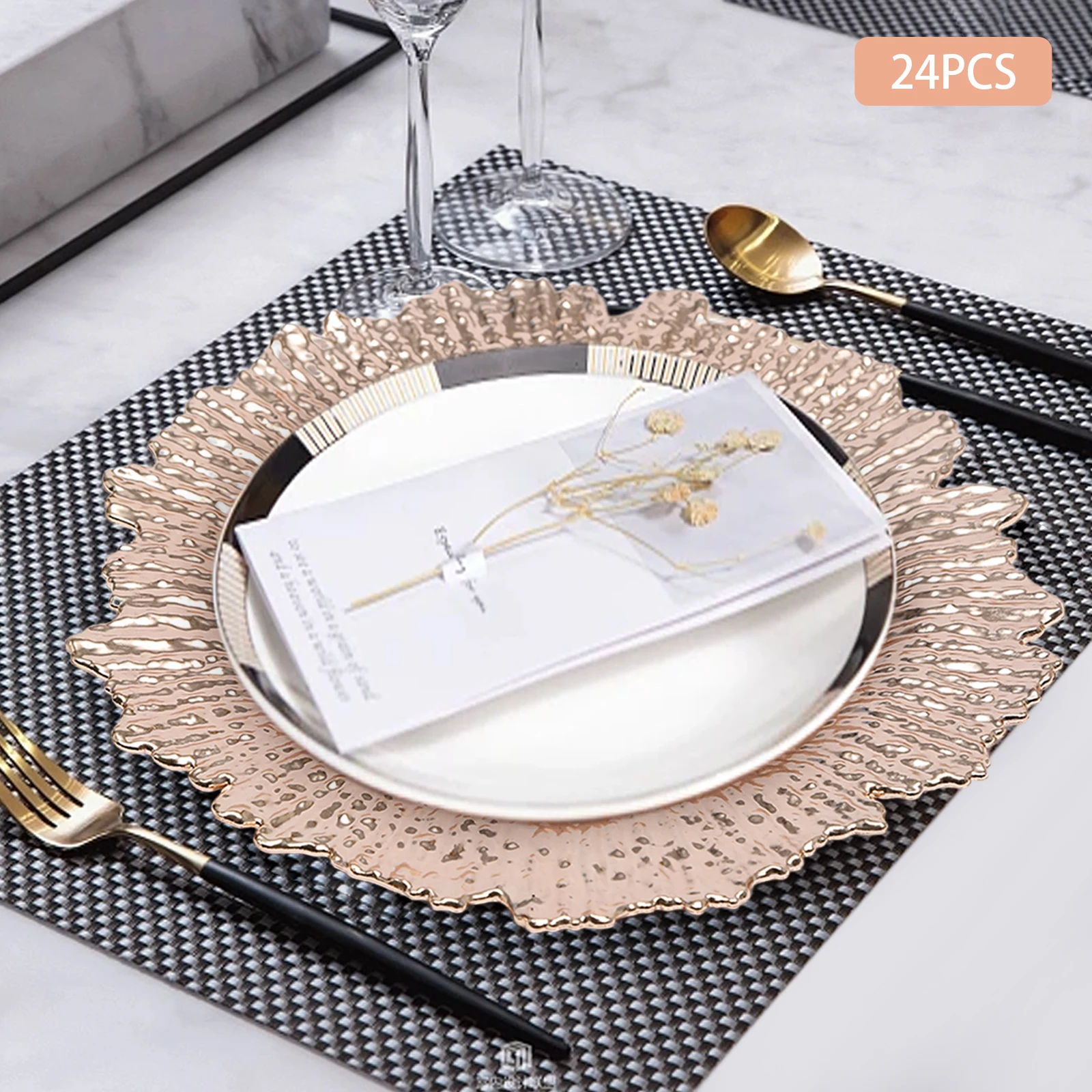 

24pcs Rose Gold Snowflake Charger Plates 12.6 In Round Plastic Party Plates for Wedding Christmas Dinner Decor for Table Setting