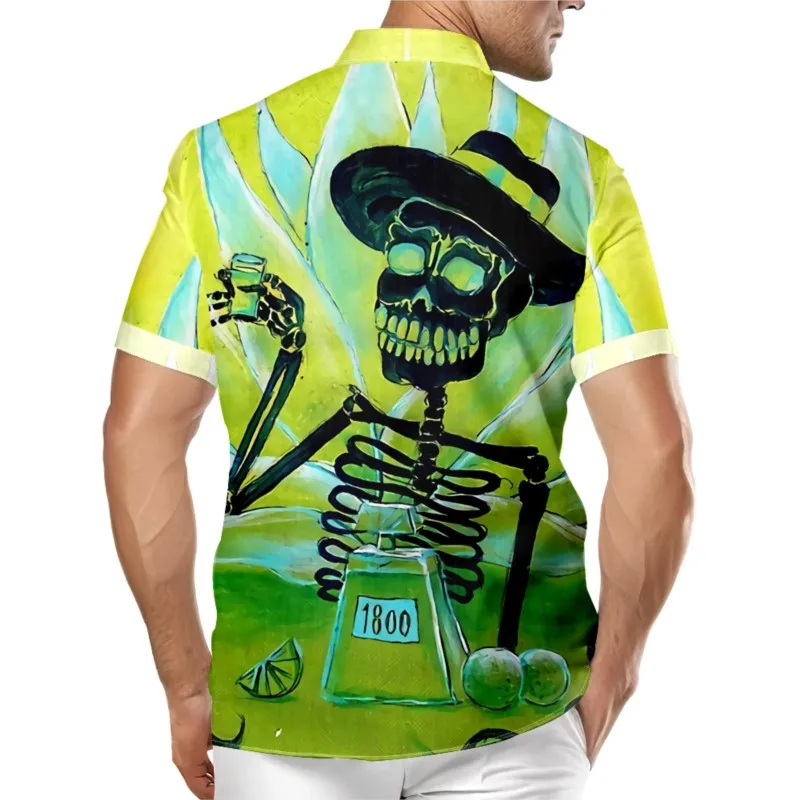 Skeleton Man Print Chest Pocket Hawaiian Green Shirt For Men Casual Daily Short Sleeve Shirt Clothing Tops