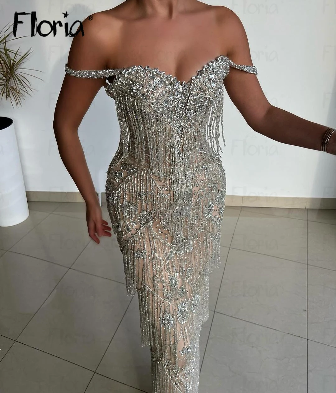 Shiny Silver Tassels Formal Party Dress Sweetheart Off Shoulder Handmade Evening Gowns Celebrity Red Carpet Dress Customized