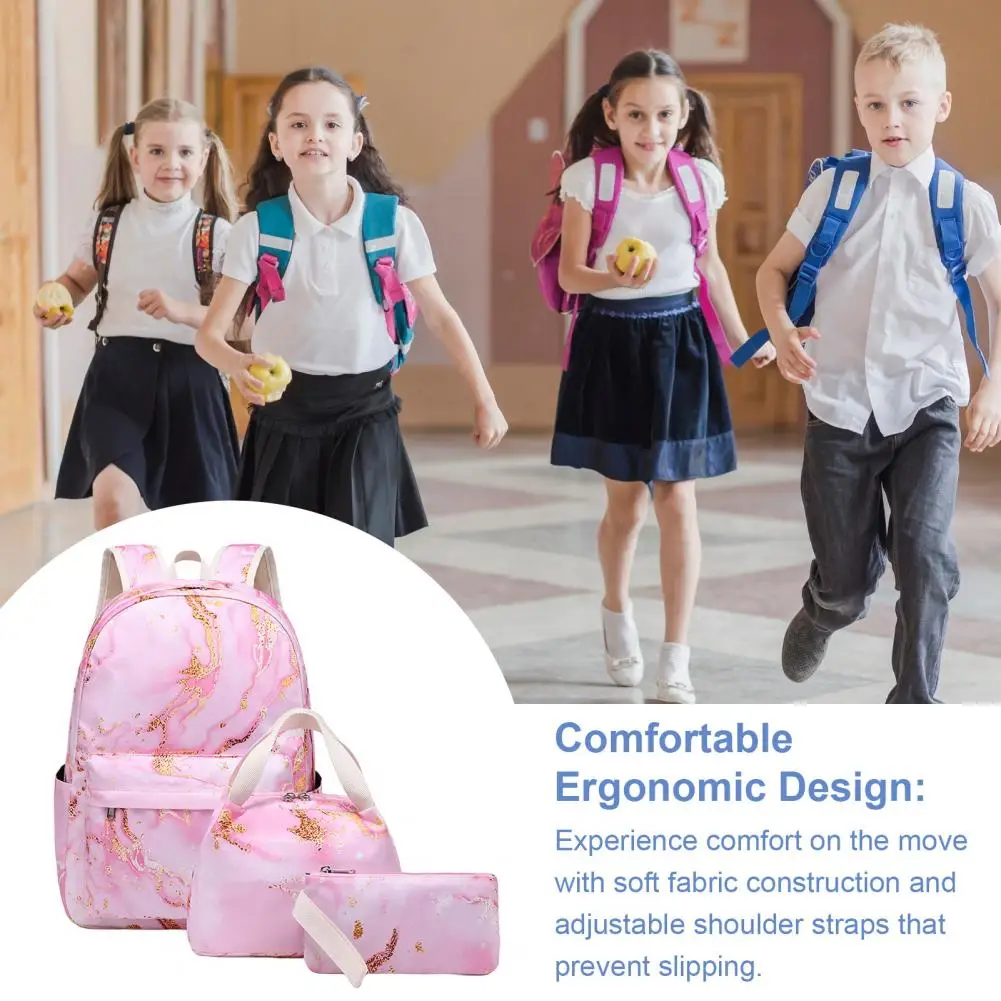 Back-to-school Backpack Set Waterproof School Bag Set with Lunch Bag Pencil Case Adjustable Shoulder Strap Printed Design Zipper