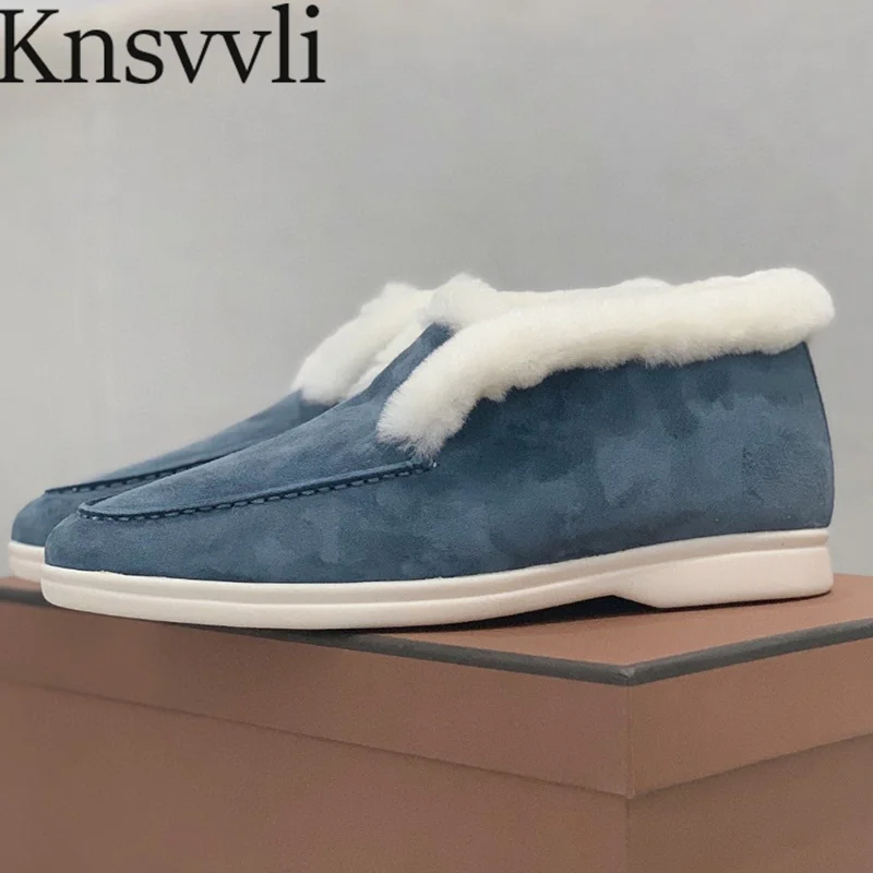 

Comfort Flat Shoes Women Cow Suede Round Toe Slip-On Plush Rubber Sole Shoes Warm Wool Winter Outdoors Walk Shoes Woman