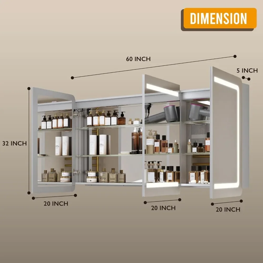 60''x32''LED Mirror W/Medicine Cabinet, Bathroom Lights Mirror, Surface Mounted, Alumimum Alloy Frame, W/Cold&Warm Light