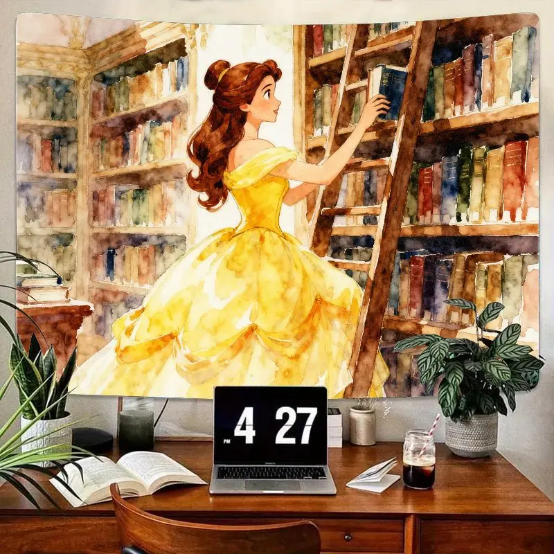 

1 шт., гобелен для библиотеки принцессы Белль, желтое платье, акварельное настенное искусство, эстетический декор комнаты из полиэстера, подарок для любителей книг и девочек