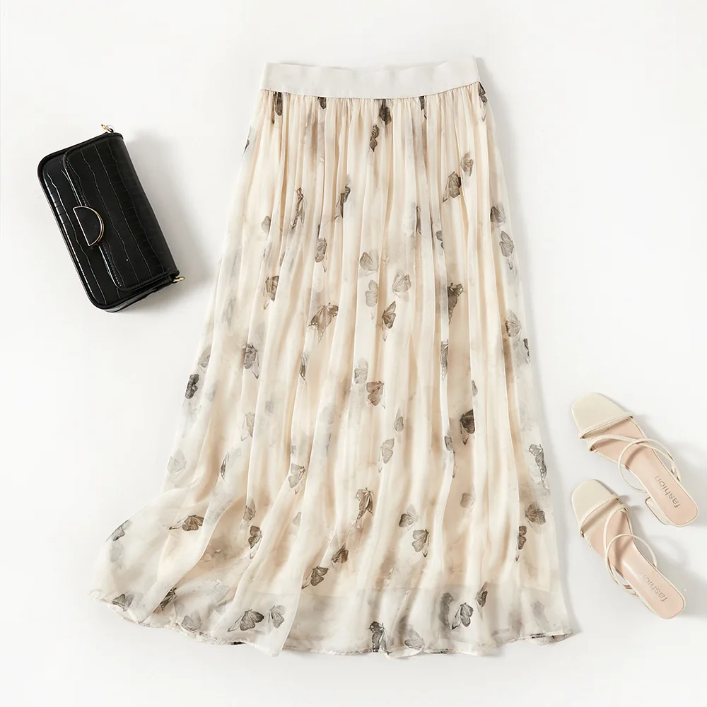 

Birdsky, 1PC Women summer A skirt skirts butterfly big sweep double layers 100% real mulberry silk georgette, S-1058