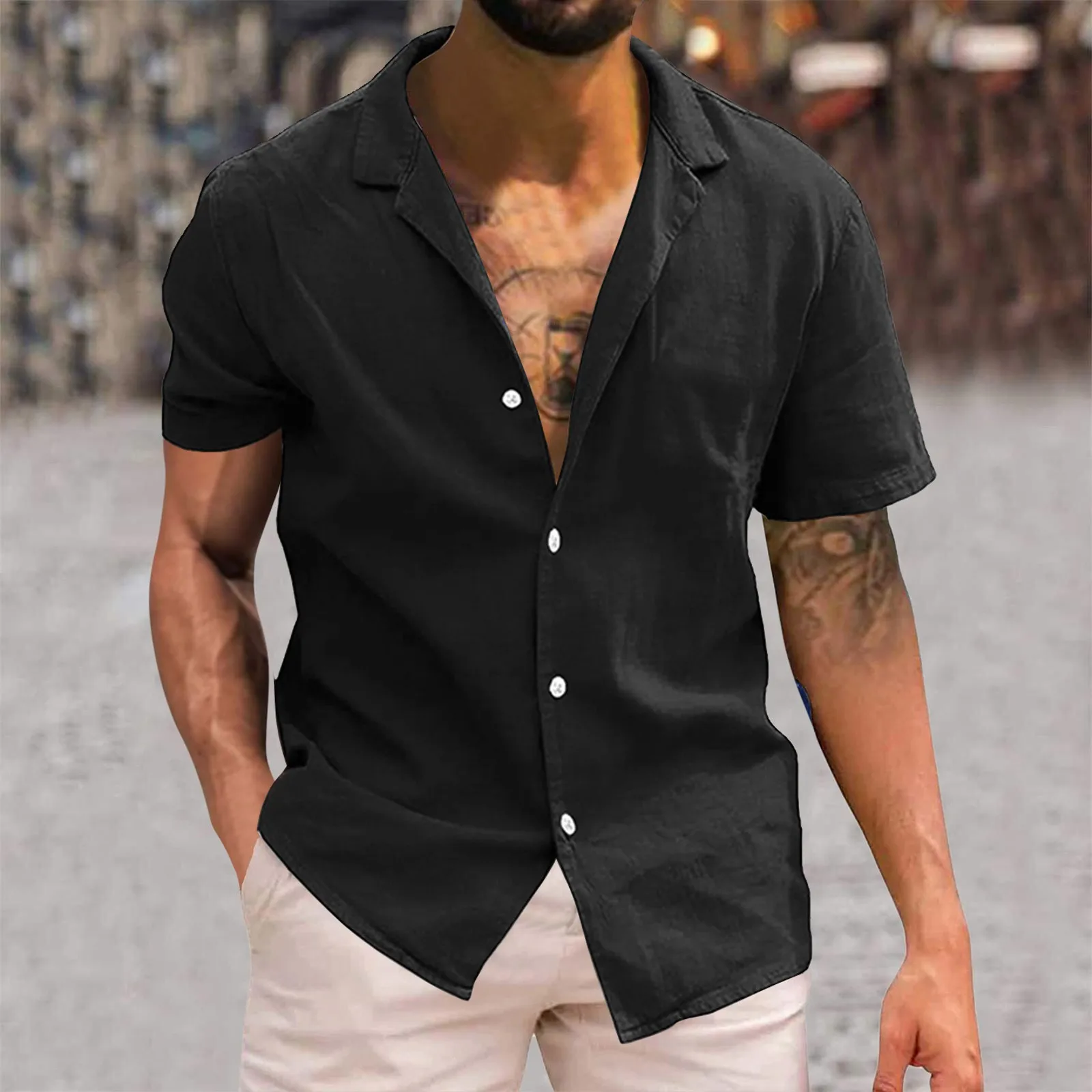 Black  Beach Style Hawaii Shirt Tops Short Sleeve Turn-Down Collar Cotton Linen Button Blouse Work Travel Style Male Loose Shirt