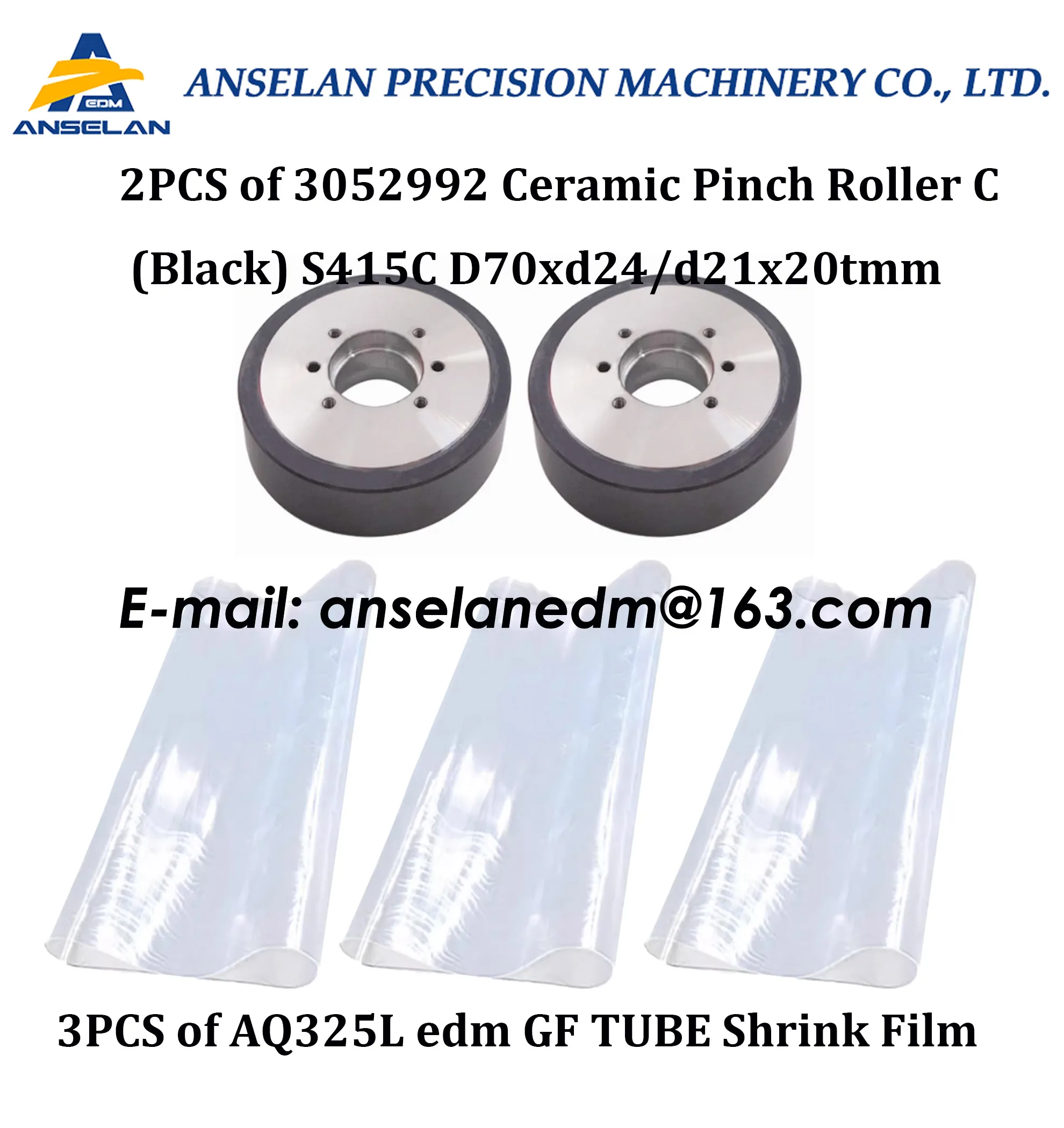 3PCS of SODIC K AQ325L edm GF TUBE Shrink Film + 2PCS of 3052992 Ceramic Pinch Roller C (Black) S415C D70xd24/d21x20tmm