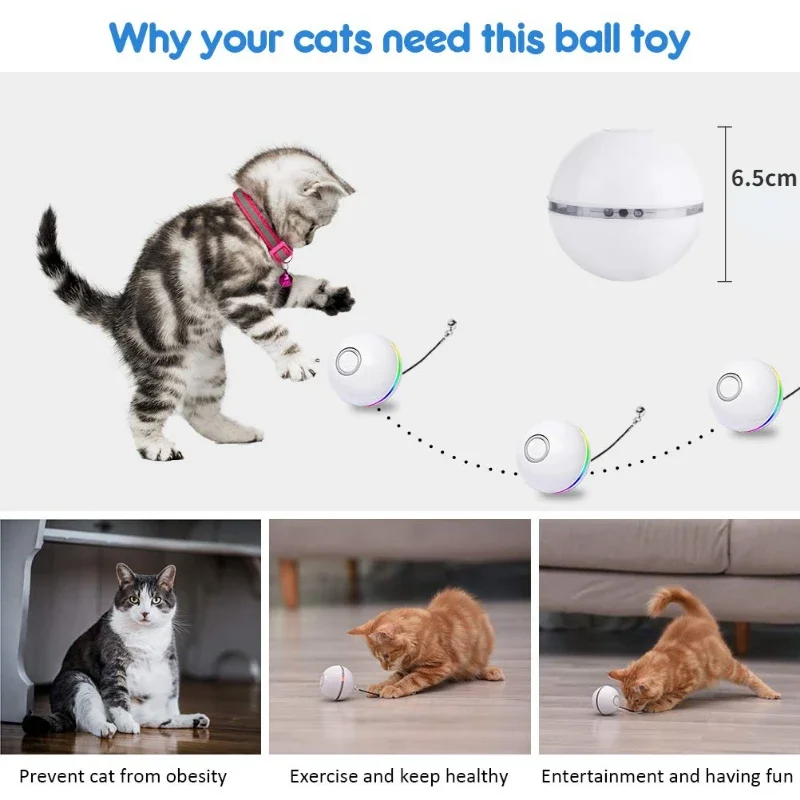 Automatic Smart Cat Toys Ball with Feather Bell Interactive Catnip USB Rechargeable Self Rotating Colorful Led Toys For Kitten