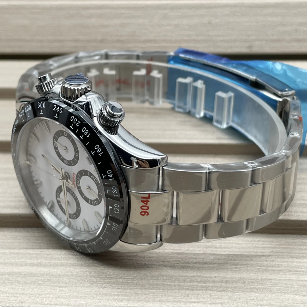Luxury 40mm Panda VK63 Movement Sapphire Mirror Unmarked 904L Stainless Steel Strap Multifunctional Chronograph Quartz Watch