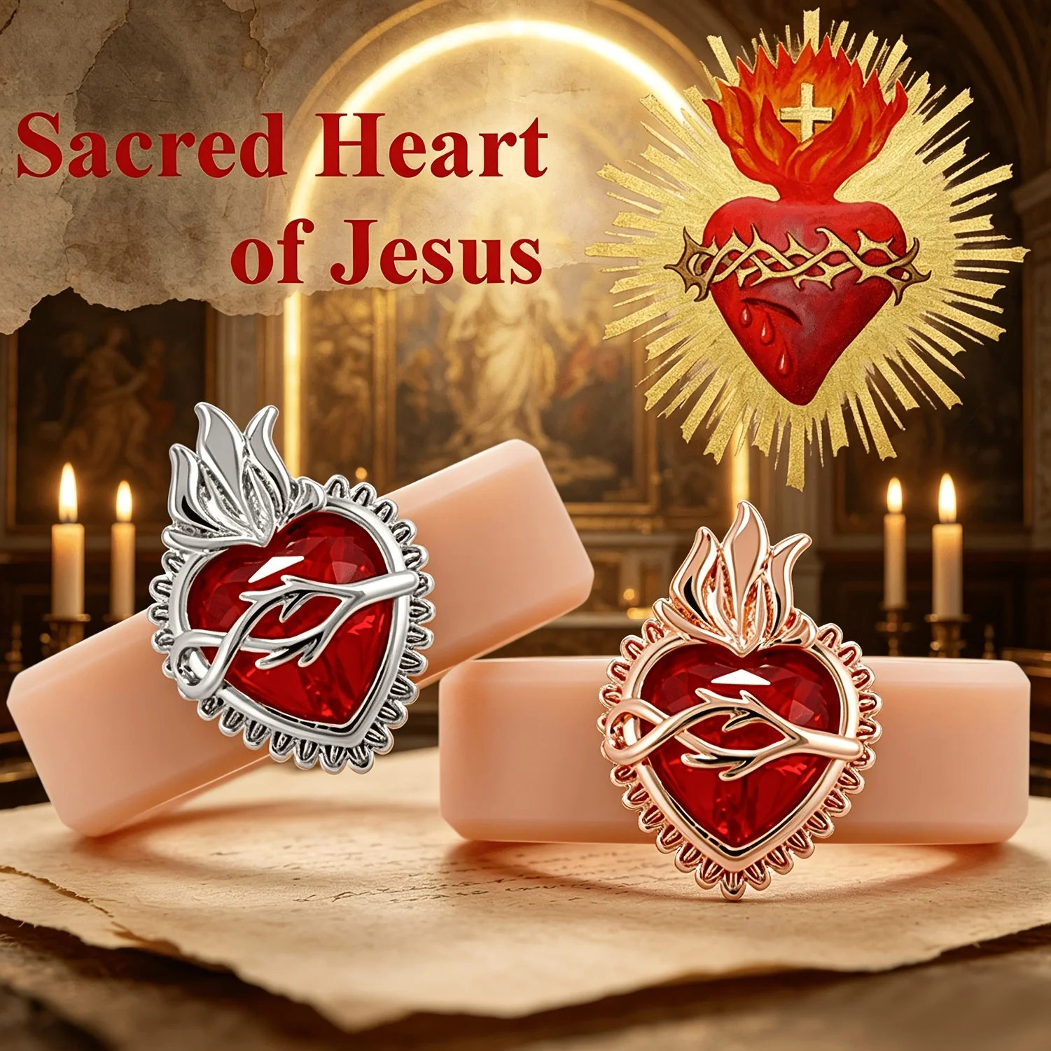 Bague en silicone Cœur Sacré de Jésus, Bague en silicone beige doux hypoallergénique avec CZ, Parfaite comme cadeau pour un baptême, la prière ou la liturgie.