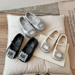 Shoes for Girls Child Ballerina Flats Kids Diamond Party Dress Shoes Princess Elegant Shoe Black Silver leather shoe