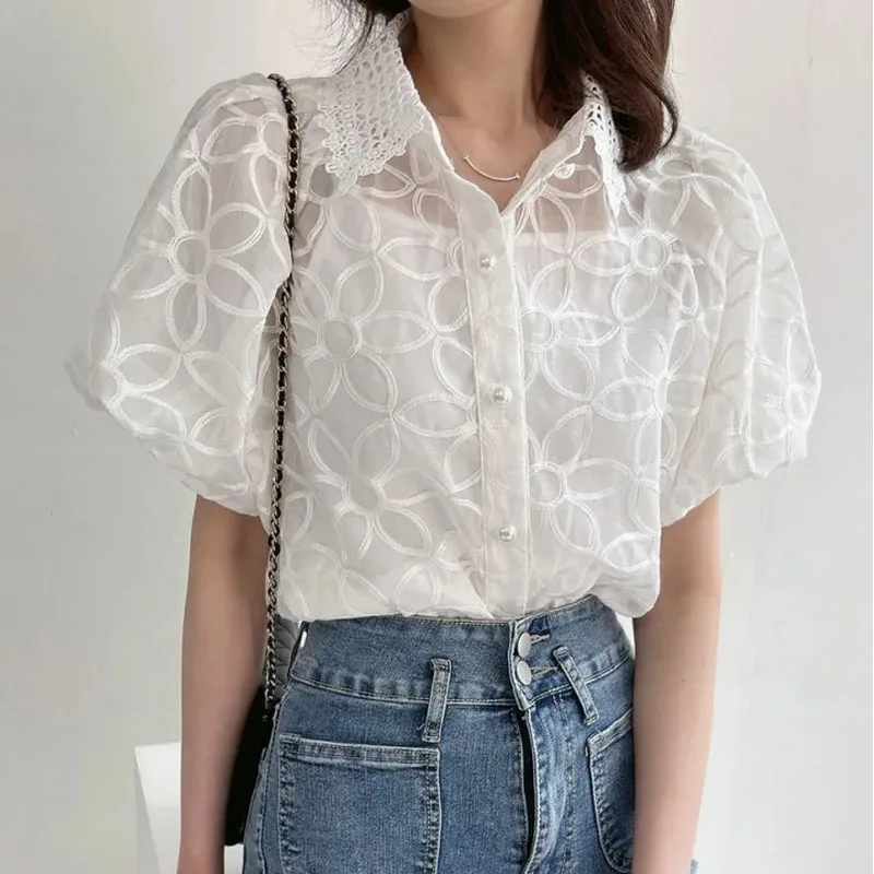 

Chic Summer Fashion Heavy Embroidery Sweet Bubble Sleeve See-through Shirt with Strap Two-piece Set Top Casual Loose Fit