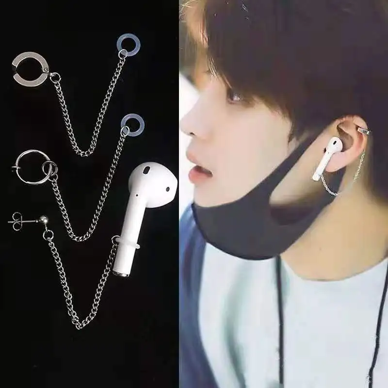 Kpop Butter Korean Popular Titanium Steel Chain Long Wireless Bluetooth Headphones Anti-lost Airpod Earrings Couple Gift