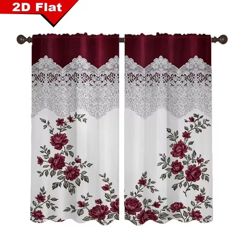 Rideaux floraux européens modernes, lot de 2 pièces, semi-transparents, occultants, rouge bordeaux sur fond blanc, design plat 2D