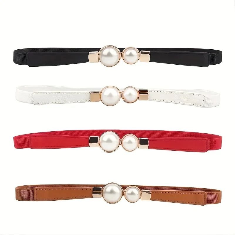 Women's fashionable belt, pearl buckle elastic belt, suitable for pairing with sweaters, windbreakers, and dresses