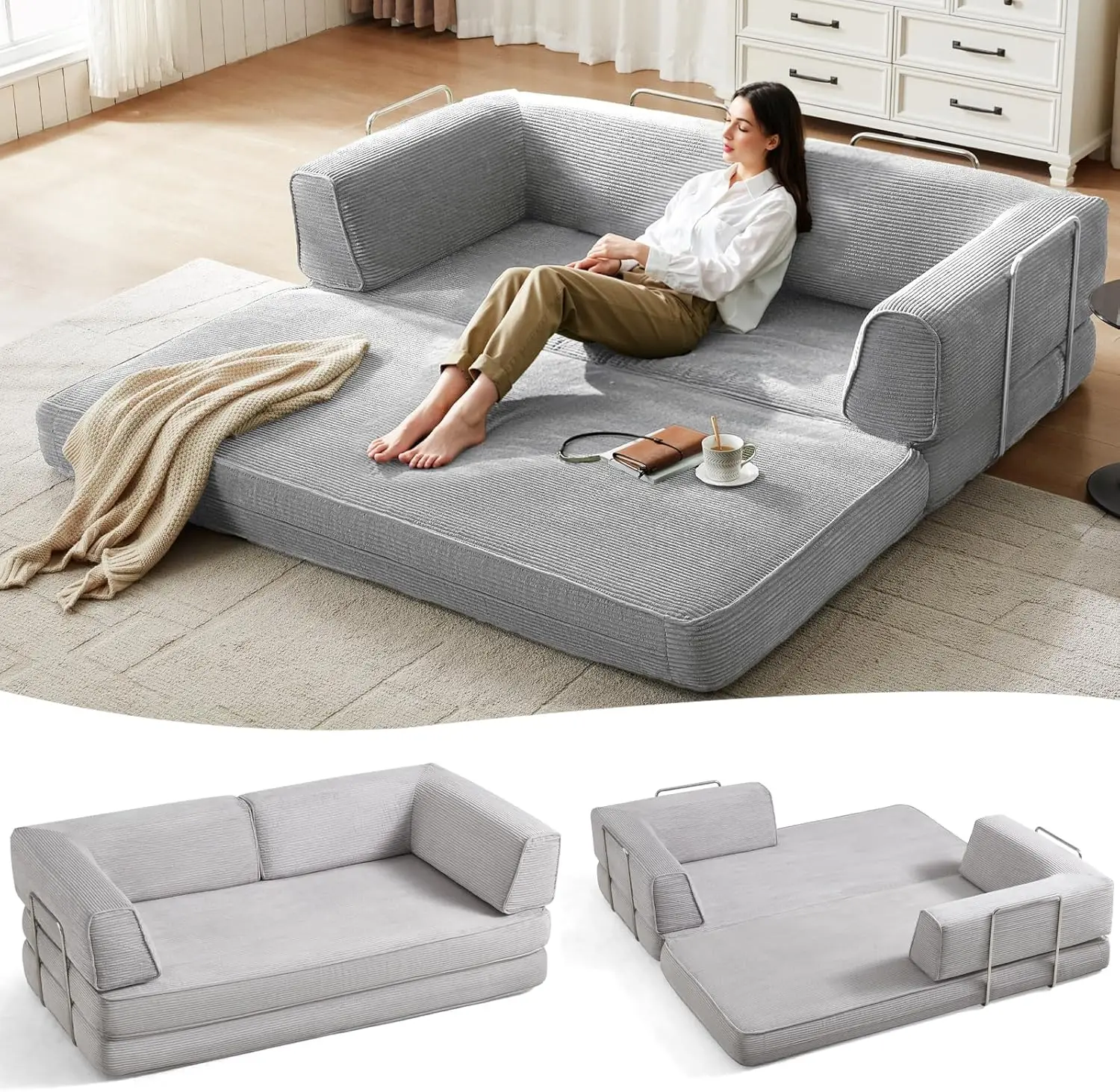 

79'' Convertible Sofa Bed，Sleeper Sofa Compression Folding Loveseat Sleeper - Foldable Corduroy Couch Bed for Living Room